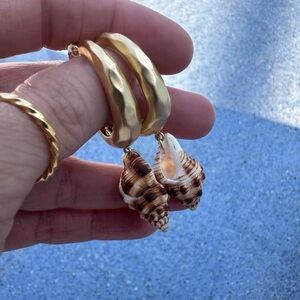 Ariel Hammered Hoops Handmade Matte Gold Chunky Seashell Earrings, Spiral Shell